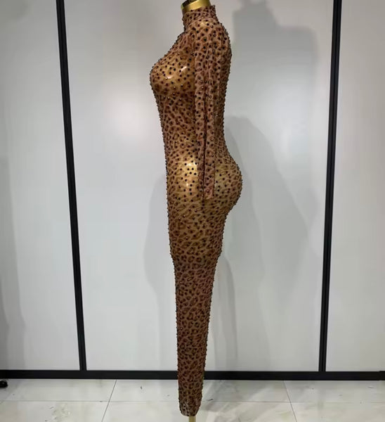 Women Sexy Leopard Print Beaded See Through Jumpsuit