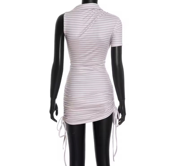 Women Sexy Collar Striped Short Sleeve Drawstring Dress