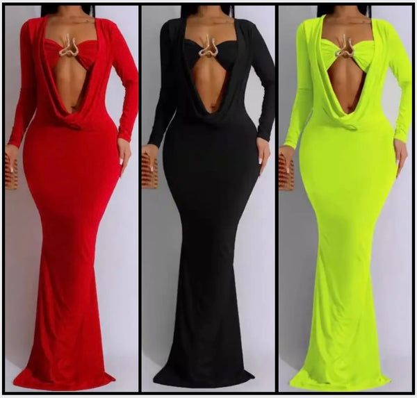 Women Sexy Metal Cut Out Full Sleeve Solid Color Maxi Dress