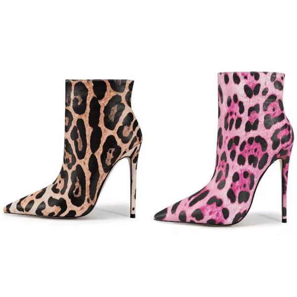 Women Color Leopard Print Fashion High Heel Ankle Boots