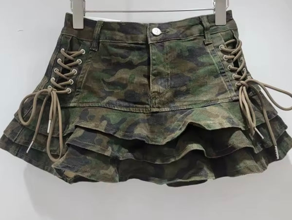 Women Fashion Color Tie Up Ruffled Denim Skirt