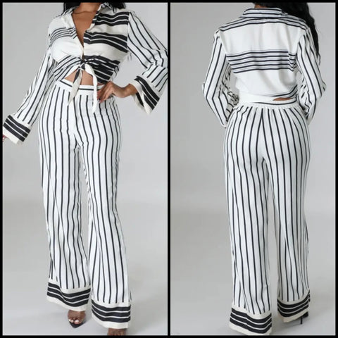 Women Fashion Full Sleeve B&W Striped Button Up Two Piece Pant Set