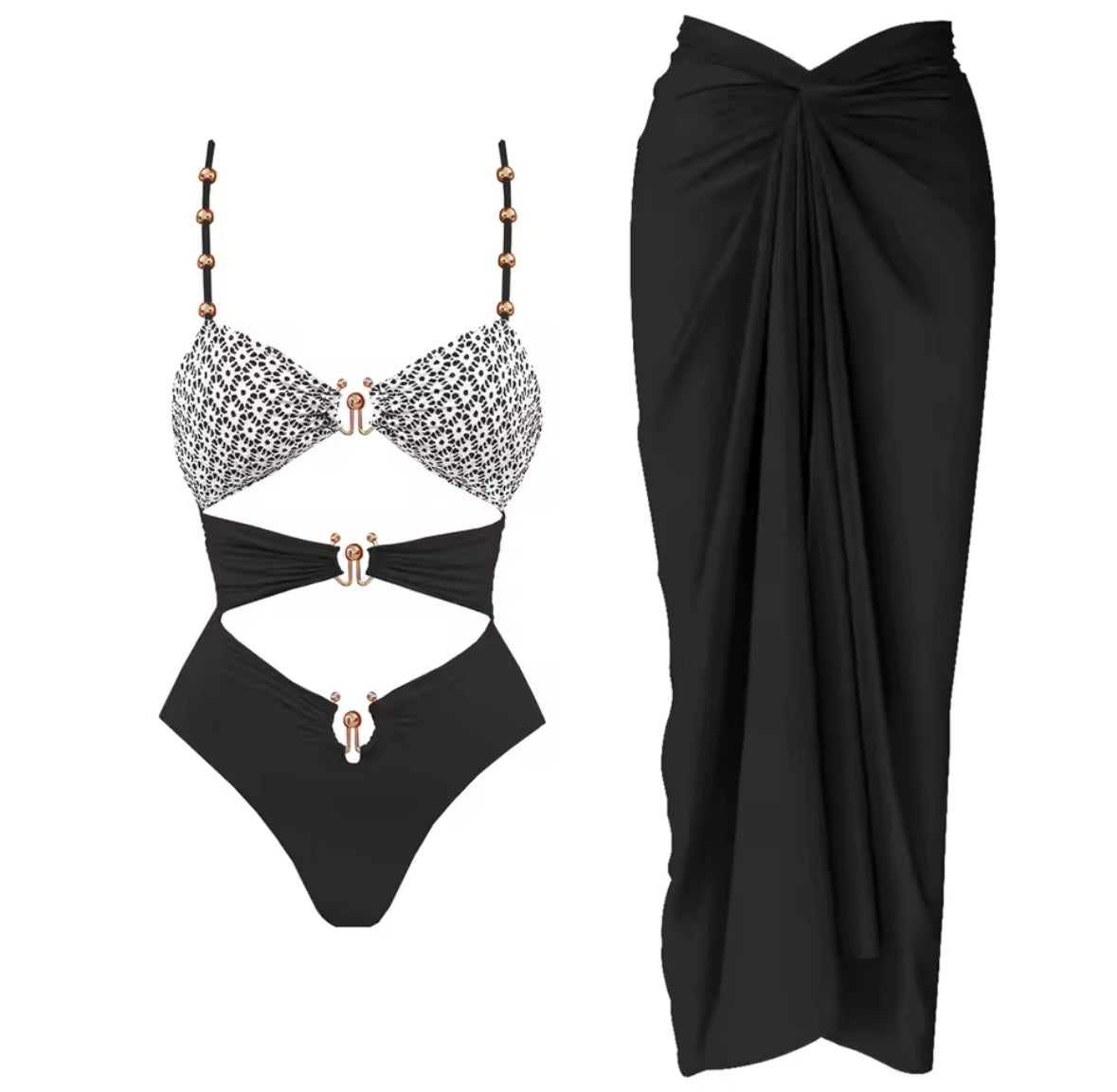 Women Sexy Color Printed Metal Cut Out Swimsuit Cover Up Set
