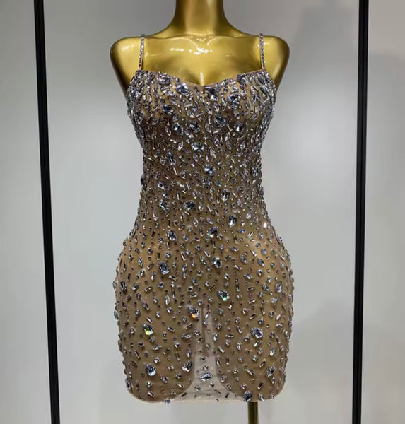 Women Sexy Sleeveless Rhinestone Mesh Dress