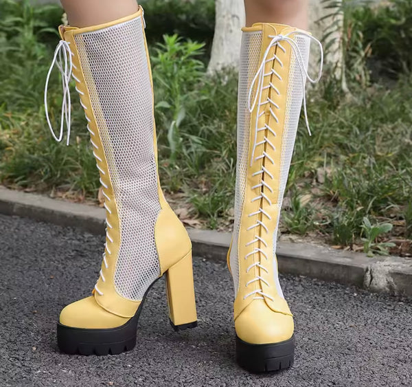 Women Color Buckled Mesh Lace Up Platform Knee High Fashion Boots
