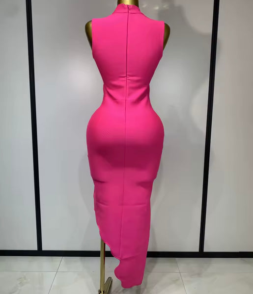 Women Sexy Pink Sleeveless Striped Asymmetrical Maxi Dress