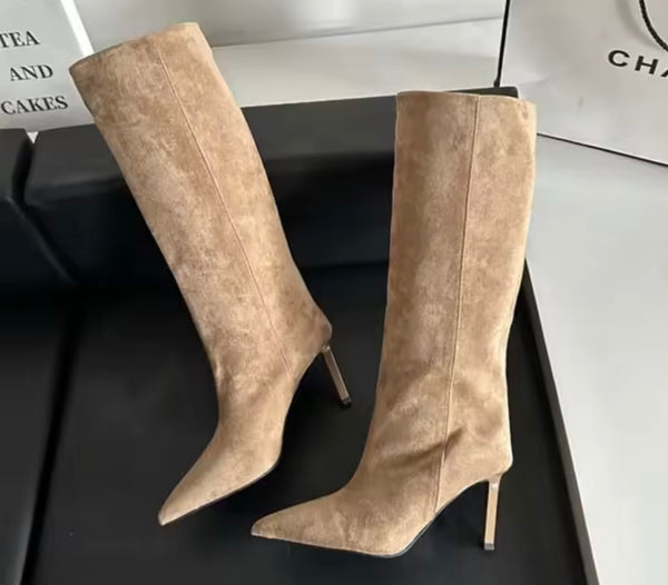 Women Pointed Toe Suede High Heel Knee Length Boots
