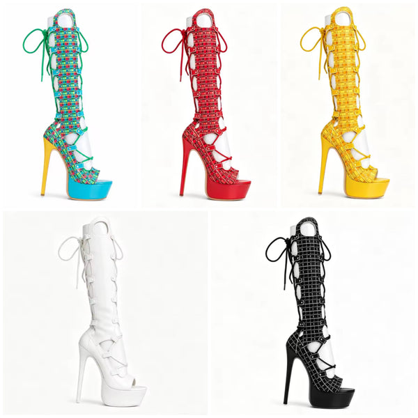 Women Fashion Open Toe Platform Lace Up Knee High Boots