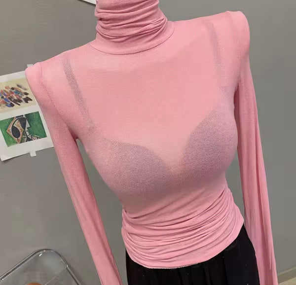Women Fashion Turtleneck Full Sleeve Mesh Top