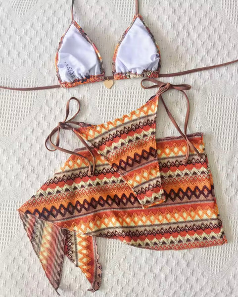 Women Sexy Multicolored Print Halter Bikini Cover Up Set