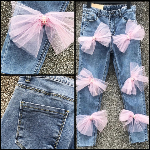 Women Fashion Pink Bow Denim Pants