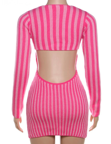 Women Sexy Pink Striped Full Sleeve Open Back Dress
