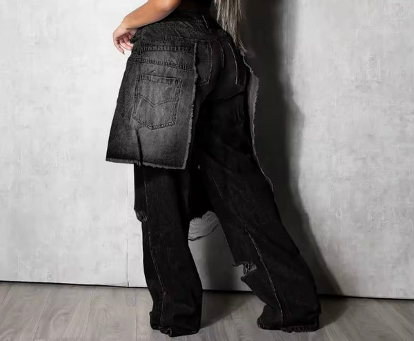 Women Fashion Asymmetrical Ripped Wrap Denim Pants