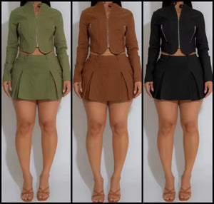 Women Zip Up Full Sleeve Fashion Two Piece Pleated Skirt Set