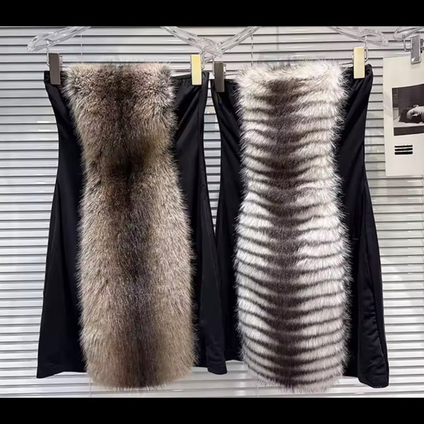 Women Sexy Strapless Faux Fur Patchwork Dress