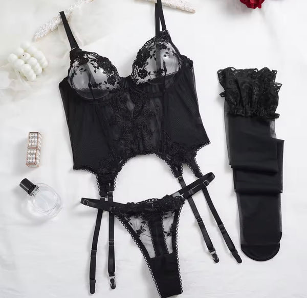 Women Sexy Lace Mesh Thong Lingerie Set