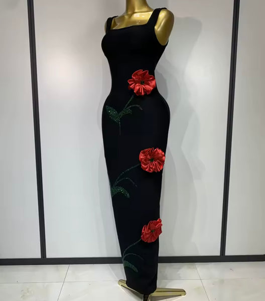 Women Sexy Black Sleeveless 3D Floral Maxi Dress