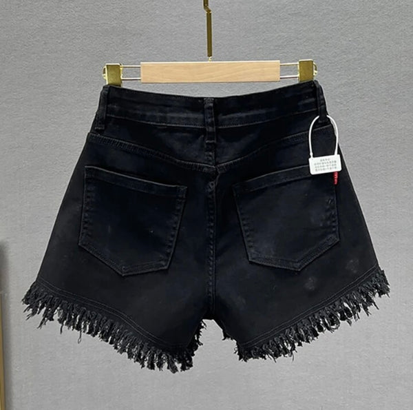 Women Fashion Fringe Heart Bling Denim Shorts