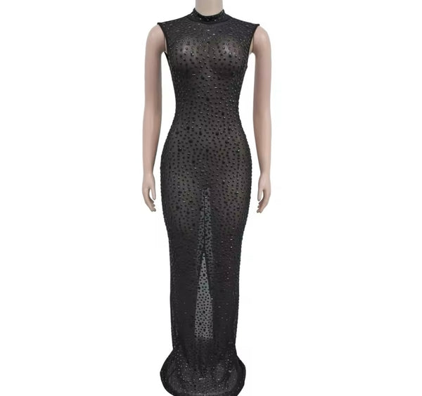 Women Sexy Solid Color Sleeveless Beaded Mesh Maxi Dress