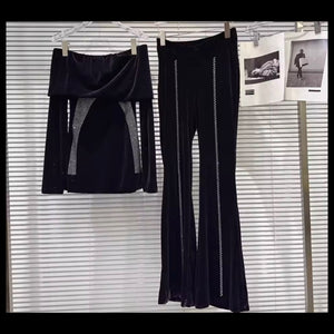 Women Black Bling Off The Shoulder Velour Two Piece Pant Set