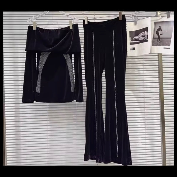 Women Black Bling Off The Shoulder Velour Two Piece Pant Set