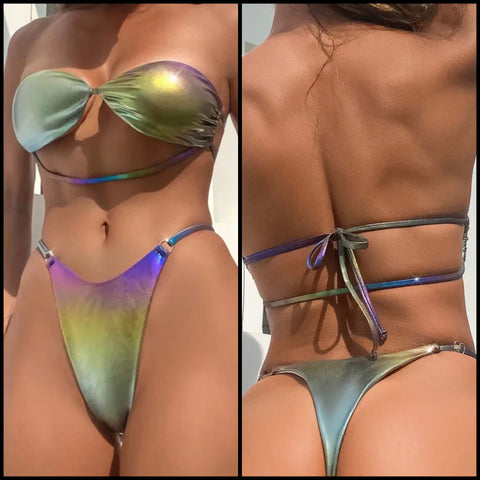 Women Sexy Strapless Colorful Metallic Bikini Swimsuit
