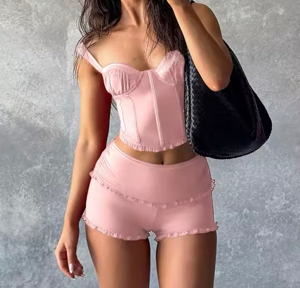 Women Sexy Sleeveless Ruffled Two Piece Short Set