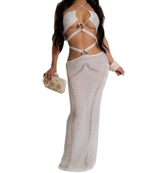 Women White Sexy Sleeveless Criss Cross Cut Out Knitted Maxi Dress