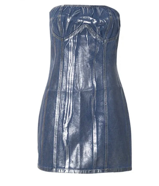 Women Sexy Fashion Strapless Metallic Denim Dress