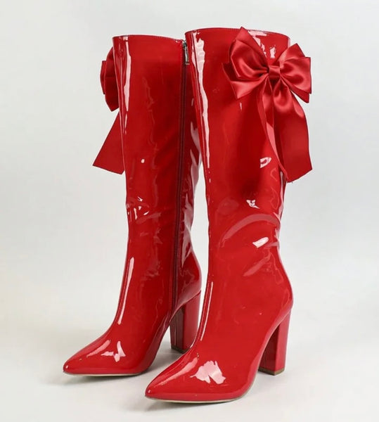 Women Fashion Red Patent Leather Bow Knee High Boots