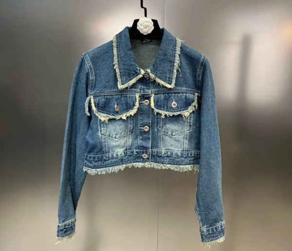 Women Fashion Fringe Denim Jacket Two Piece Skirt Set