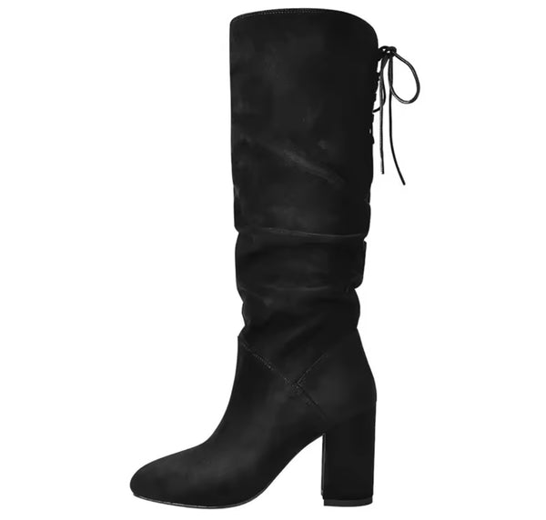 Women Fashion Black Patent Leather/Suede Tie Up Knee High Boots