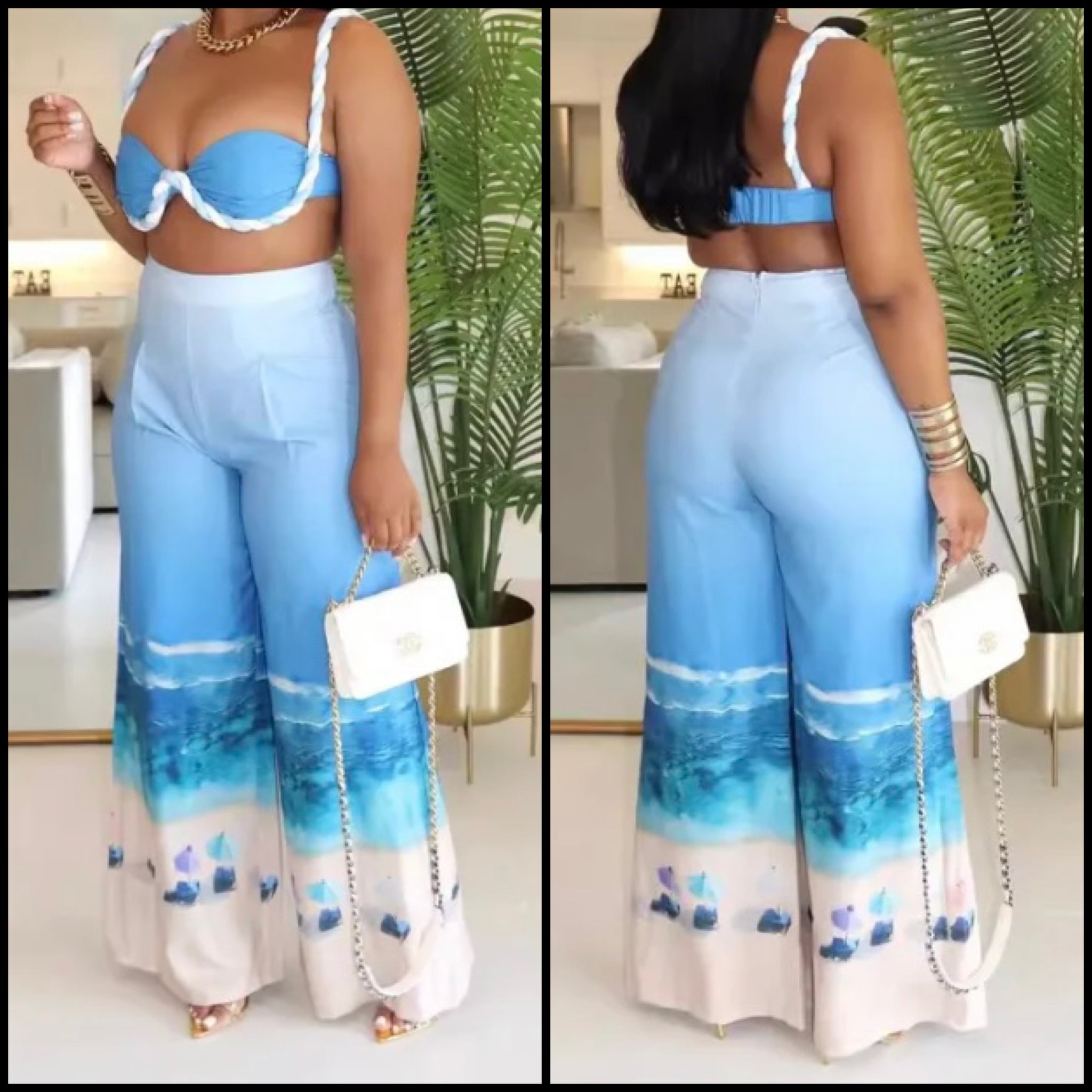 Women Blue Printed Sleeveless Sexy Two Piece Wide Leg Pant Set