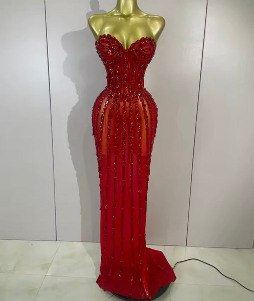 Women Sexy Strapless Rhinestone Mesh Maxi Dress