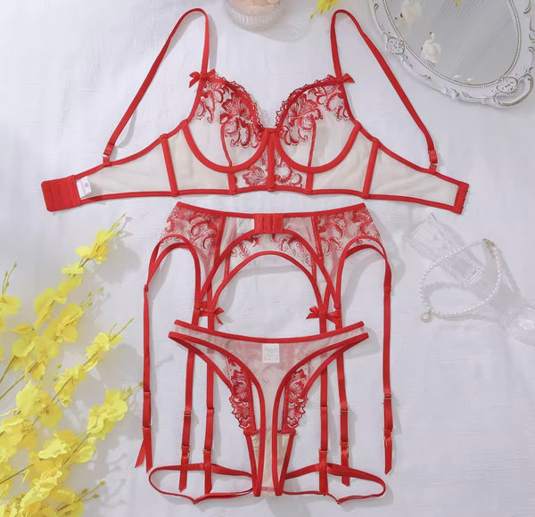 Women Sexy Red Floral Mesh Lingerie Set
