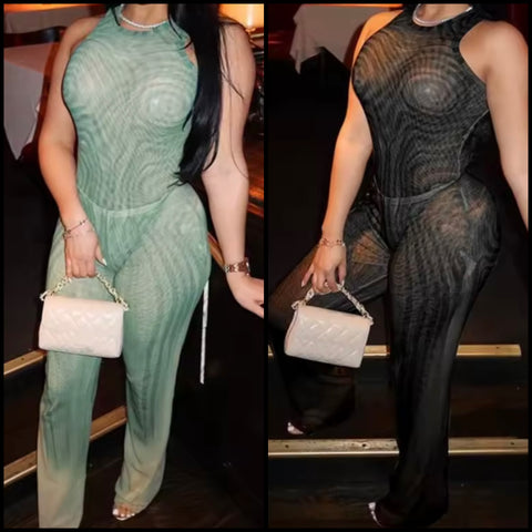 Women Sexy Sleeveless Printed Mesh Bodysuit Two Piece Pant Set