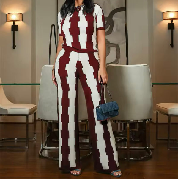 Women Short Sleeve Color Patchwork Striped Two Piece Pant Set
