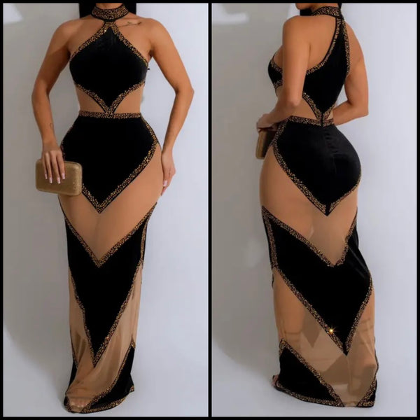 Women Sexy Halter Sleeveless Bling Mesh Patchwork Maxi Dress