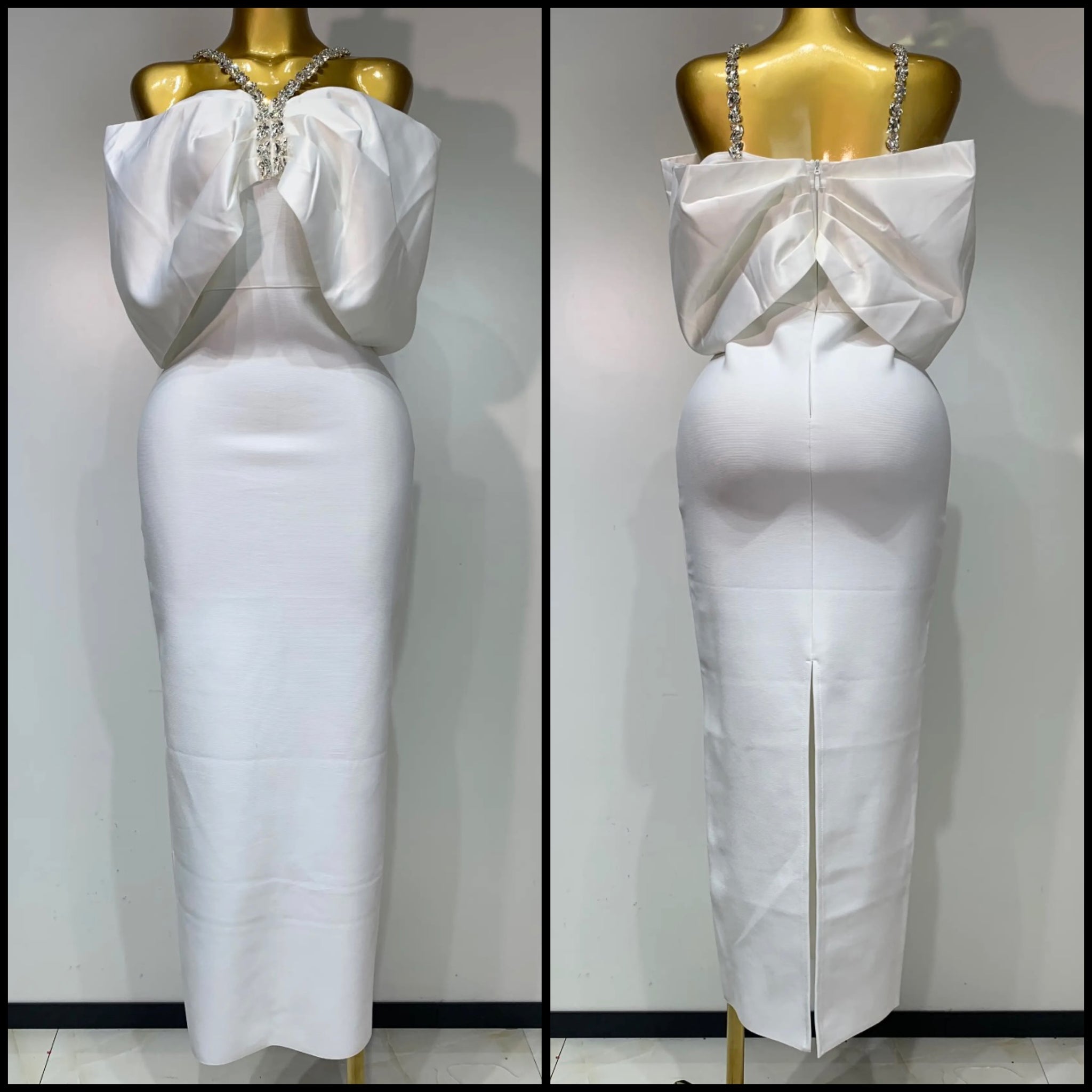 Women Sexy Rhinestone Bow White Maxi Bandage Dress