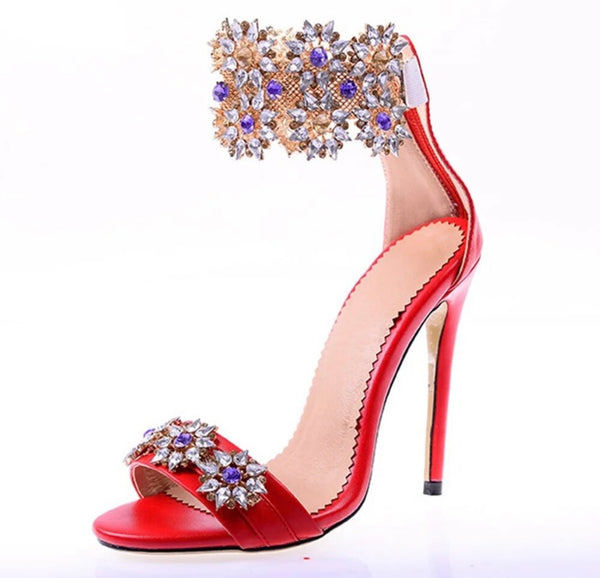 Women Fashion Open Toe Crystal Rhinestone Ankle Strap Sandals