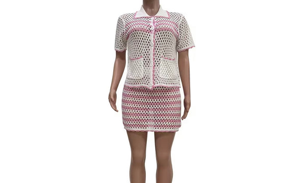 Women Sexy Short Sleeve Striped Knitted Two Piece Skirt Set