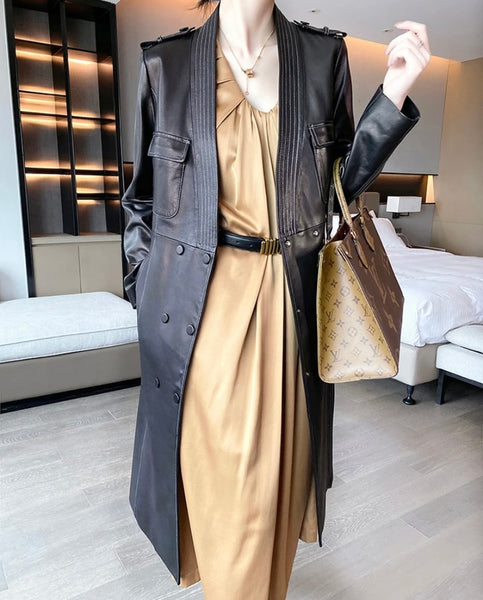 Women Fashion Color Faux Leather Belted Trench Jacket