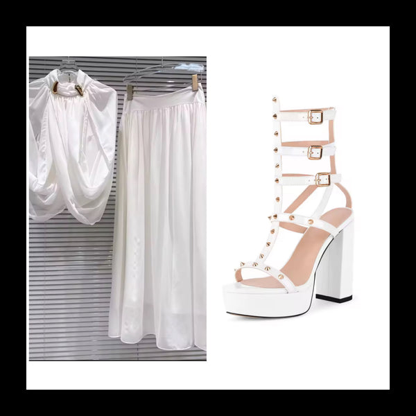 Women Open Toe Rivet Platform Buckled High Heel Sandals