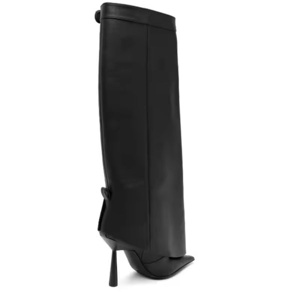 Women Black Pointed Toe Buckled Faux Leather Knee High Boots