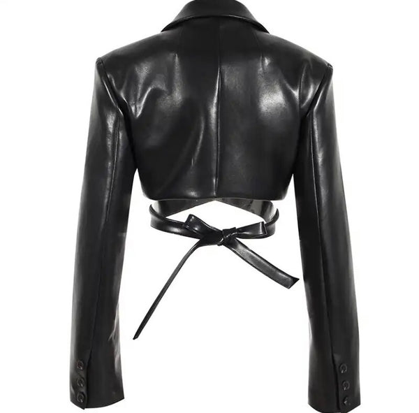 Women Black Fashion Faux Leather Criss Cross Crop Jacket