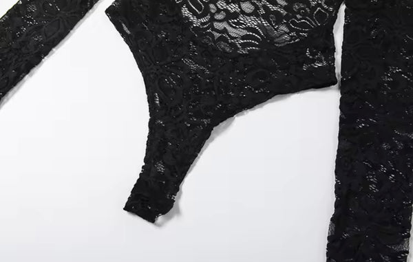 Women Sexy Lace Open Back Full Sleeve Bodysuit Two Piece Pant Set