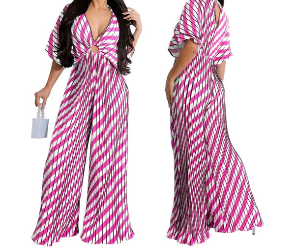 Women Sexy Striped V-Neck Short Sleeve Wide Leg Jumpsuit