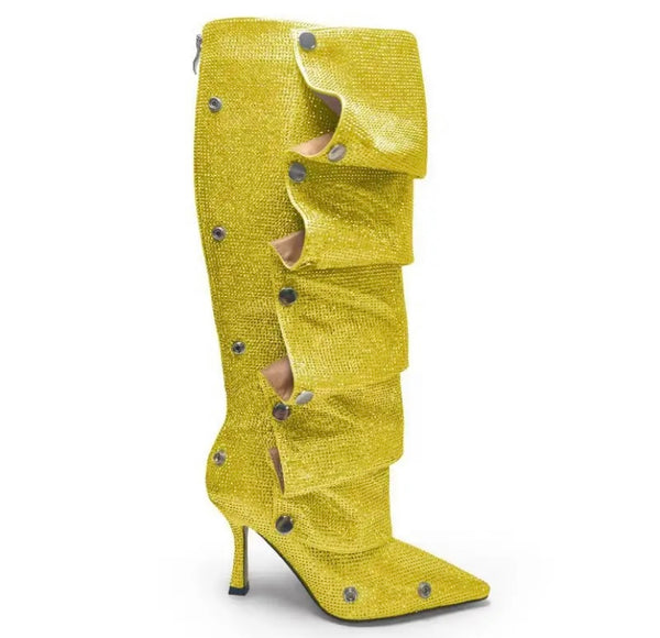 Women Fashion Pointed Toe Bling Button Knee High Boots
