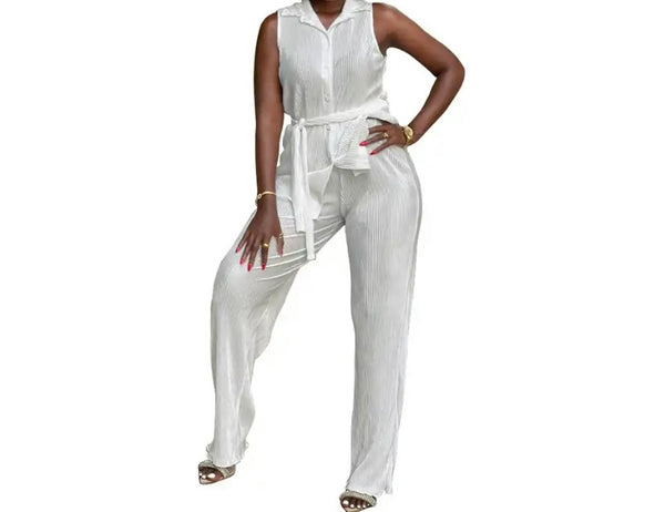 Women Button Up Sleeveless Solid Color Two Piece Pant Set