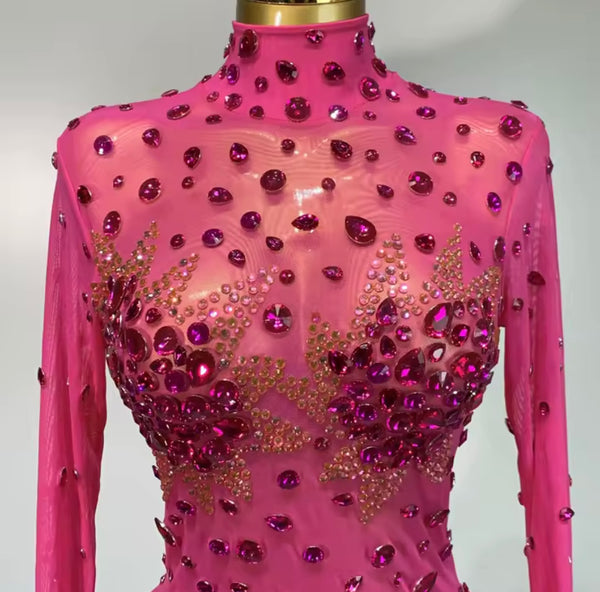 Women Sexy Bling Crystal Mesh Full Sleeve Dress